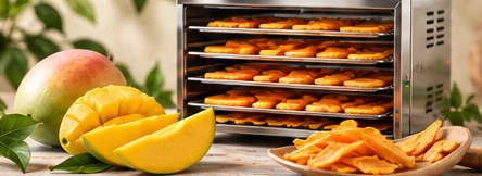 Fresh mango beside a food dehydrator full of drying mango slices