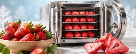 Fresh strawberries beside a freeze-dryer with trays of strawberry slices
