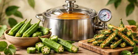 Fresh okra beside a vacuum fryer and a board of crisp fried okra