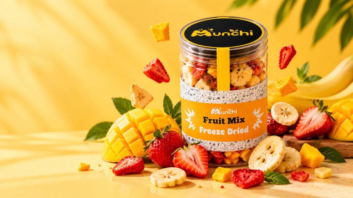 A jar of Munchi Fruit Mix Freeze Dried among mango, strawberries and banana