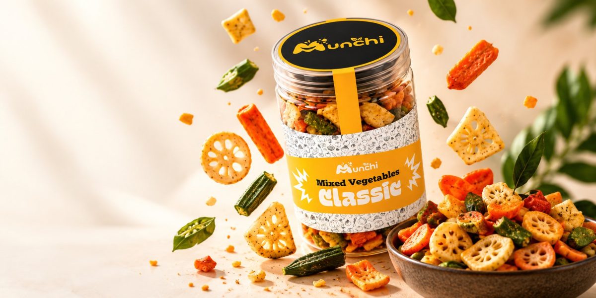 A jar of Munchi Mixed Vegetables Classic beside a bowl of the snack, with vegetable crisps falling around it