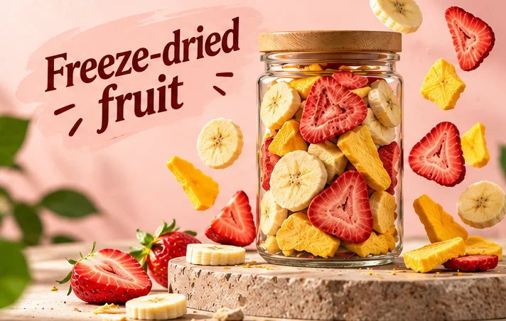 Freeze-dried fruit: a glass jar of strawberry, banana and mango pieces