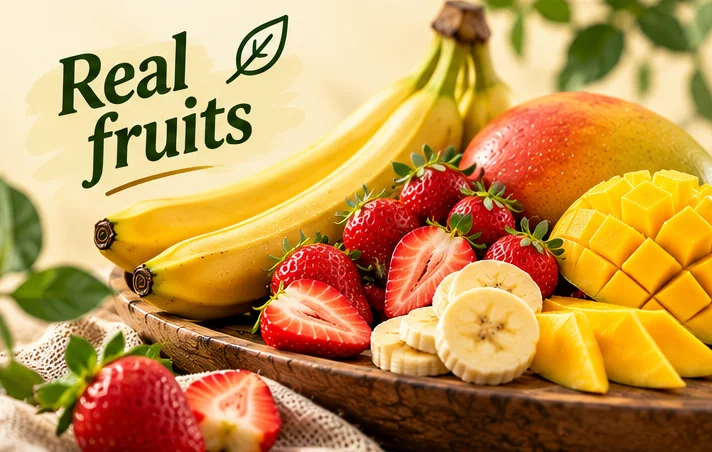 Real fruits: bananas, strawberries and mango