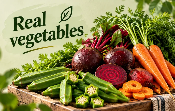 Real vegetables: okra, beetroot and carrots on a wooden crate