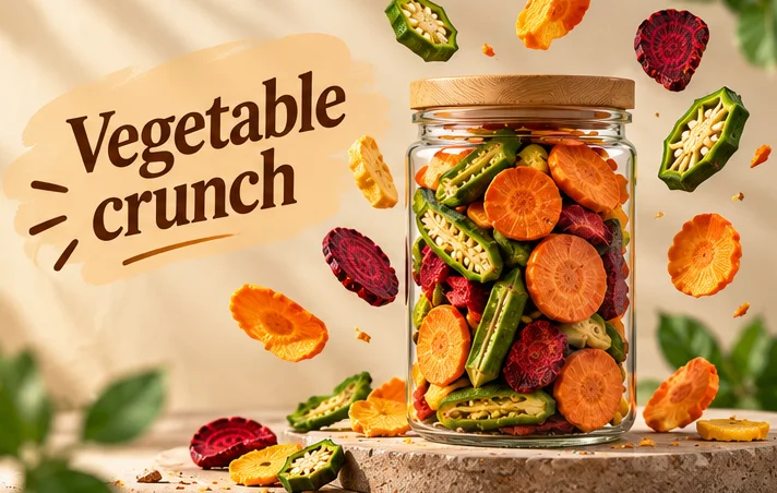 Vegetable crunch: a glass jar of okra, beetroot and carrot crisps